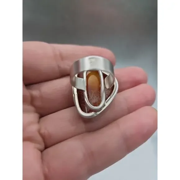 Vintage Sterling Silver 925 Egg Yolk Butterscotch Ring Amber Adjustable Size 9